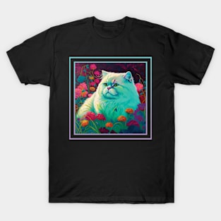 Minty Persian Cat Vibrant Tropical Flower Digital Oil Painting Portrait T-Shirt